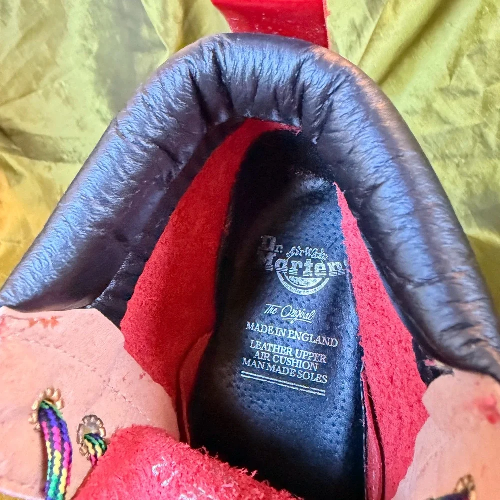 Dr. Martens Vintage Red Leather Boots With Rainbow Stitching